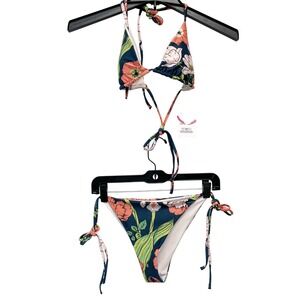 Berry Jane Women's Navy Floral Triangle Halter Side Tie Bikini Swim Set Size S
